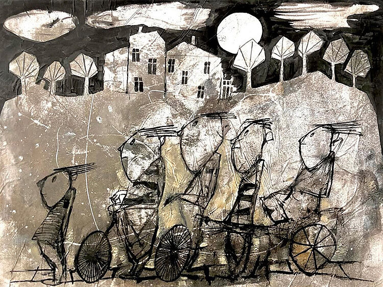 Elke Pollack, Zu fünft bei Mondschein, Mischtechnik auf Papier, 30x40cm, 2024